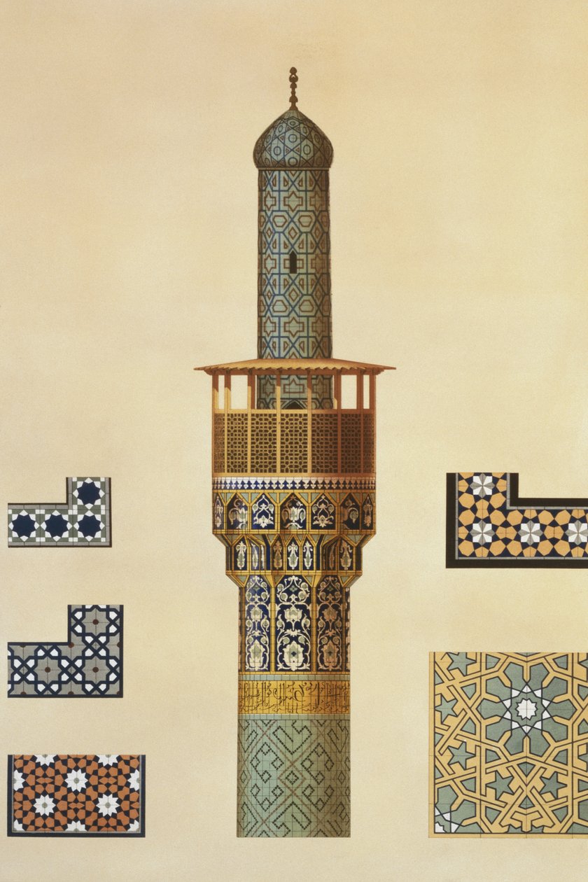 En minaret og keramiske detaljer fra moskeen i Medrese-i-Shah-Hussein, Isfahan, plade 24-25 fra 