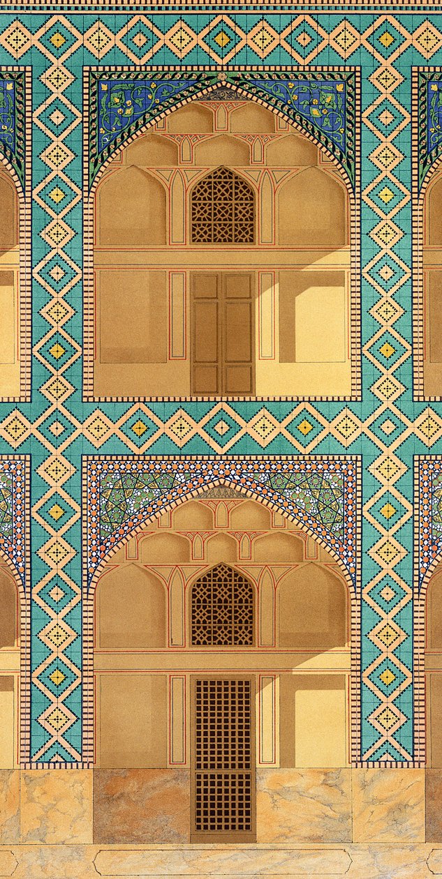 Detalje af gårdsarkaderne i Medrese-i-Shah-Hussein, Isfahan, plade 26-27 fra Modern Monuments of Persia, graveret af A. Levie, 1856 litho af Pascal Xavier Coste
