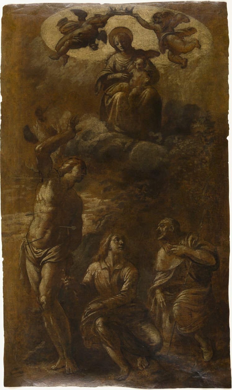 Jomfru og barn i herlighed med de hellige Sebastian, Johannes evangelisten og Roch af Pasquale Ottino