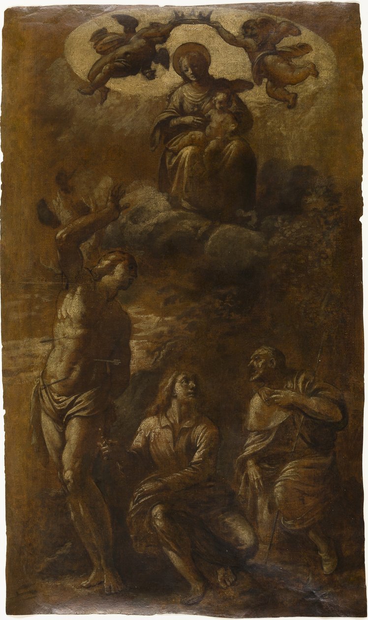 Jomfru og barn i herlighed med helgenerne Sebastian, Johannes Evangelisten og Roch, ca. 1610 (olie med grafit (lakeret) på cremefarvet lagenpapir) af Pasquale Ottino