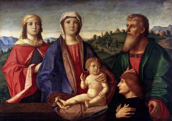 Madonna og barn med helgener og en giver, 1504 af Pasqualino Veneto fl.1496 1504 Pasqualino Veneto fl.1496 1504