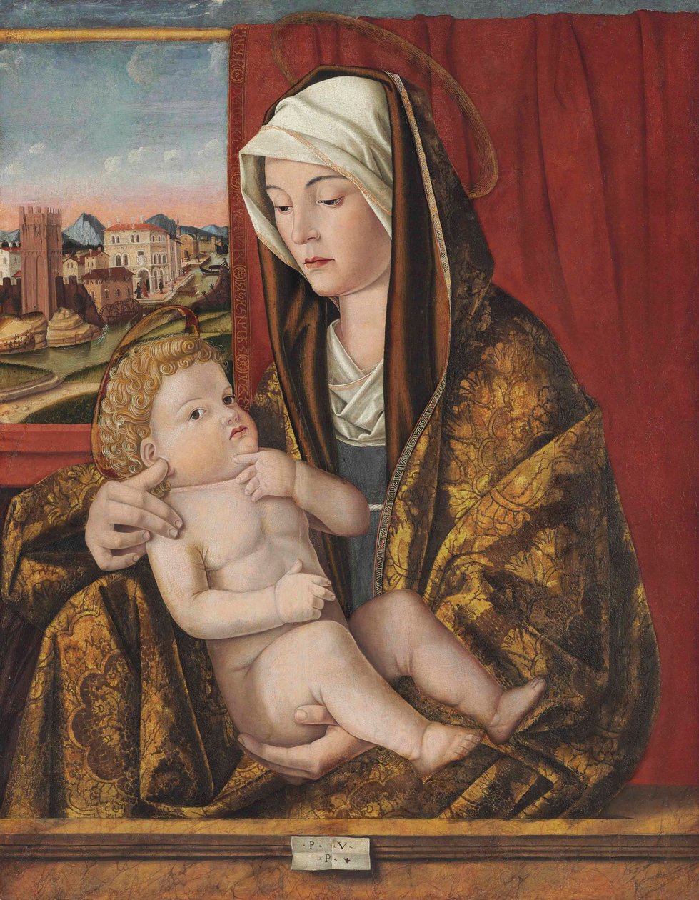 Madonnaen og barnet (olie & tempera på panel, overført til et andet panel) af Pasqualino Veneto (fl.1496 1504)