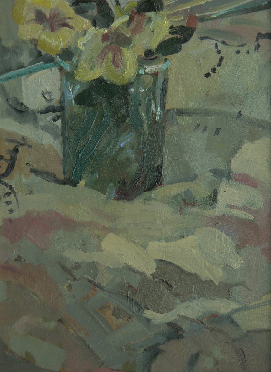 Gule blomster i grøn potte, 2009 af Pat Maclaurin