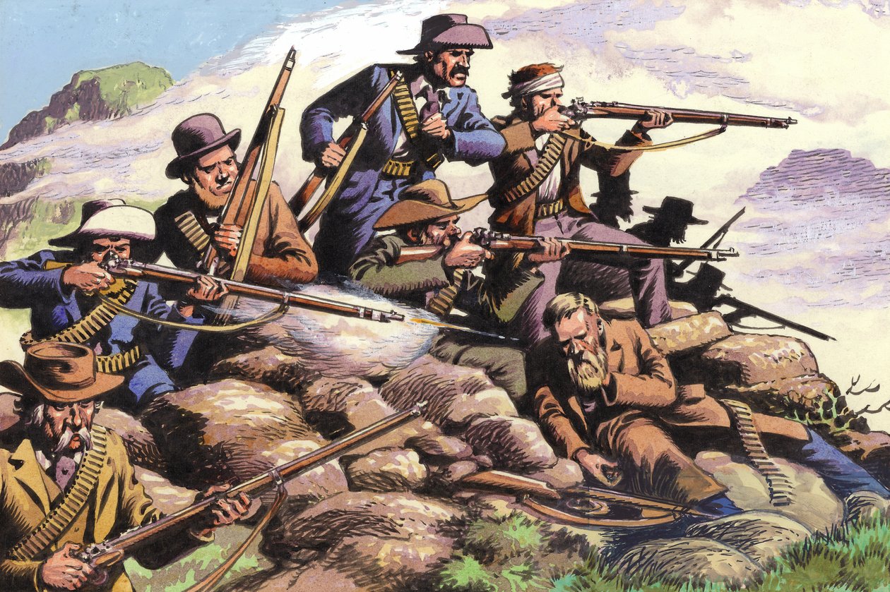 1880, Boere fra Transvaal kæmper ved Majuba Hill under den første boerkrig (gouache på papir) af Pat (1907 95) Nicolle