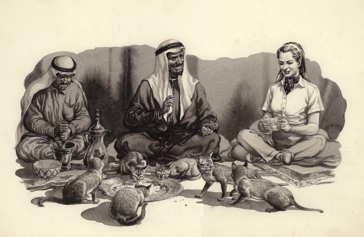 En arabisk mand fodrer sine katte (gouache på papir) af Pat (1907 95) Nicolle