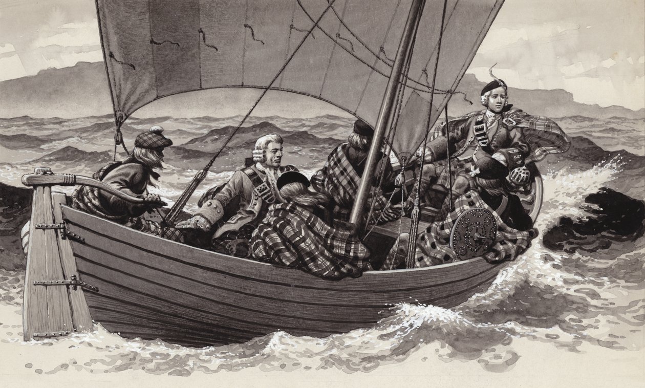 Bonnie Prince Charlie sætter kursen mod Isle of Skye (gouache på papir) af Pat (1907 95) Nicolle