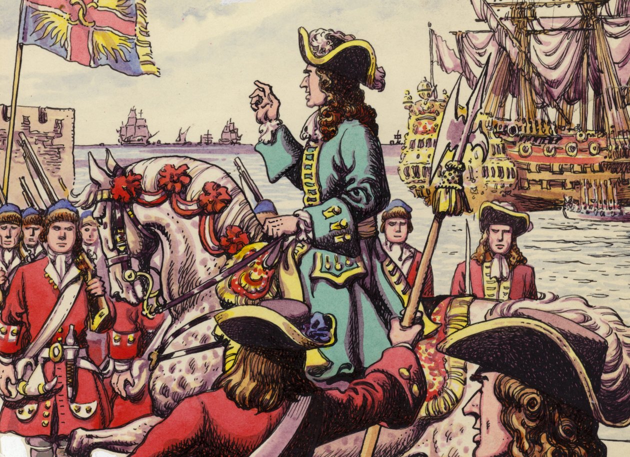 Kong William III går i land ved Carrickfergus (gouache på papir) af Pat (1907 95) Nicolle