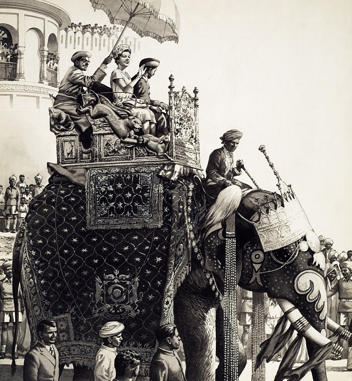Dronning Elizabeth II på en elefant (gouache) af Pat (1907 95) Nicolle
