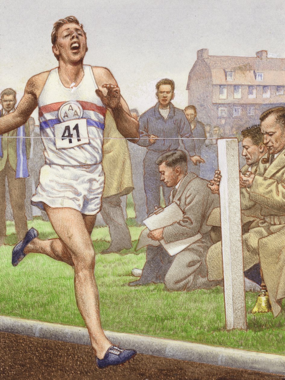 Roger Bannister løber den første mile på fire minutter (gouache på papir) af Pat (1907 95) Nicolle