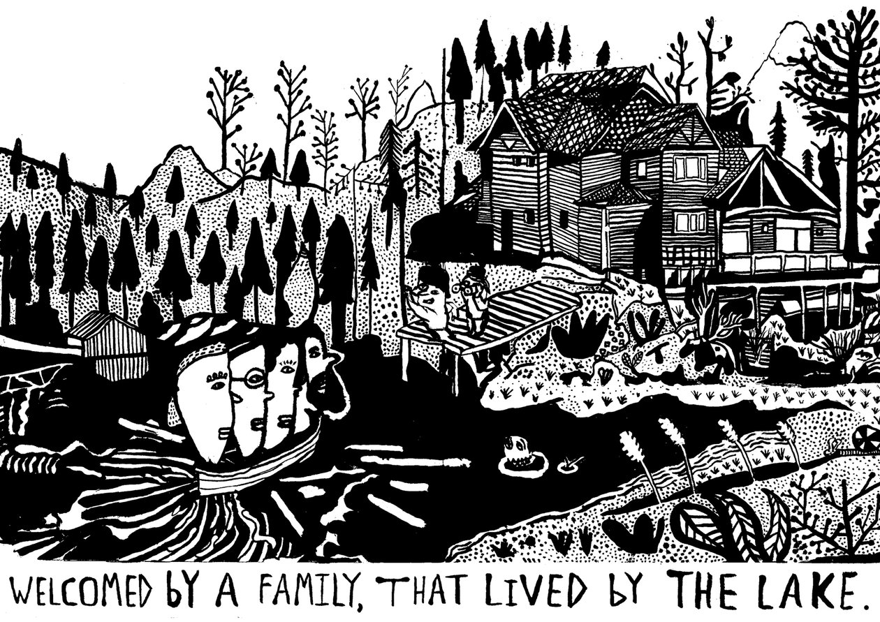 Velkommen af en familie, 2014 (blæk og pensel) af Pat Macdonald