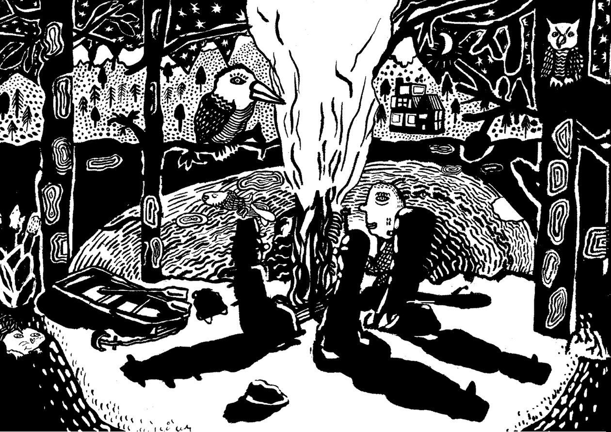ild i skoven, 2014 (blæk og pensel) af Pat Macdonald