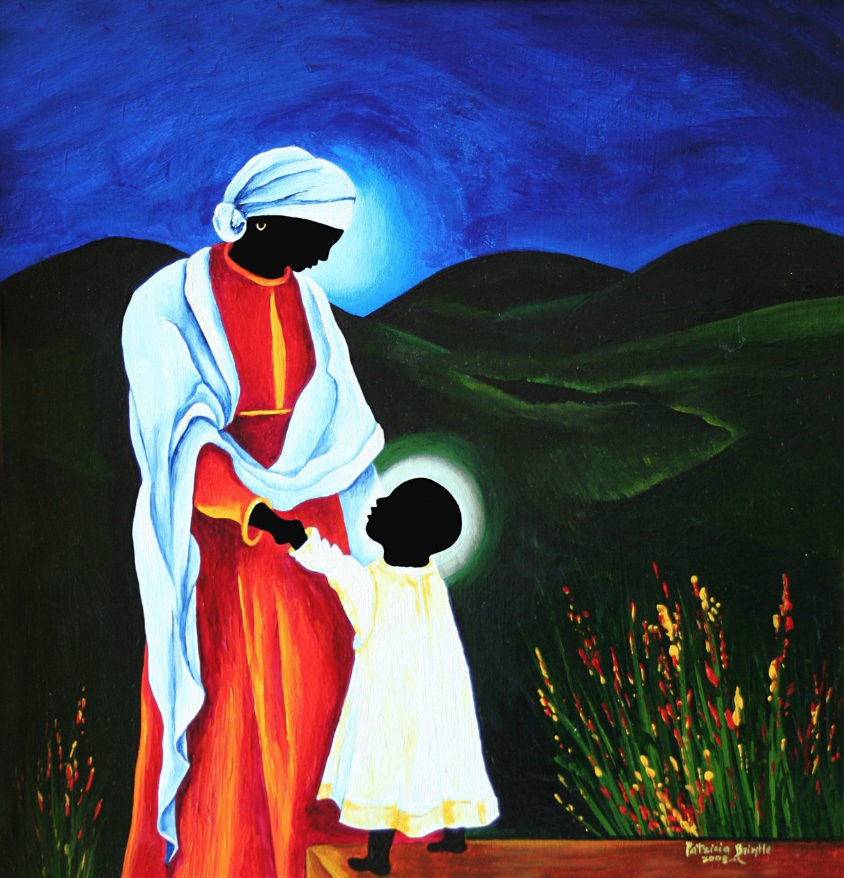 Madonna og barn - Første skridt, 2008 (akryl på træ) af Patricia Brintle