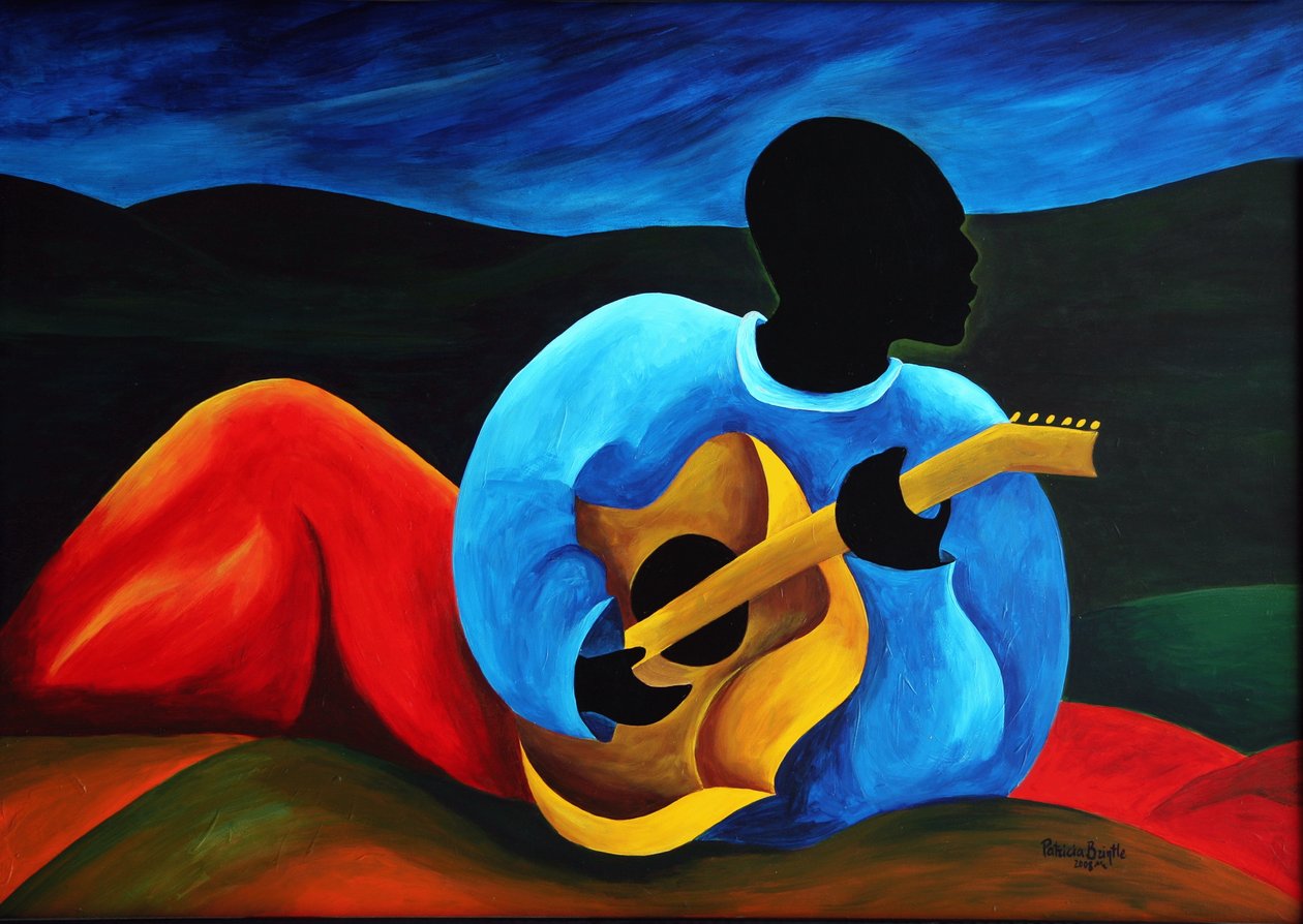Guitaristen Ti-Jean, 2008 (akryl på masonit) af Patricia Brintle