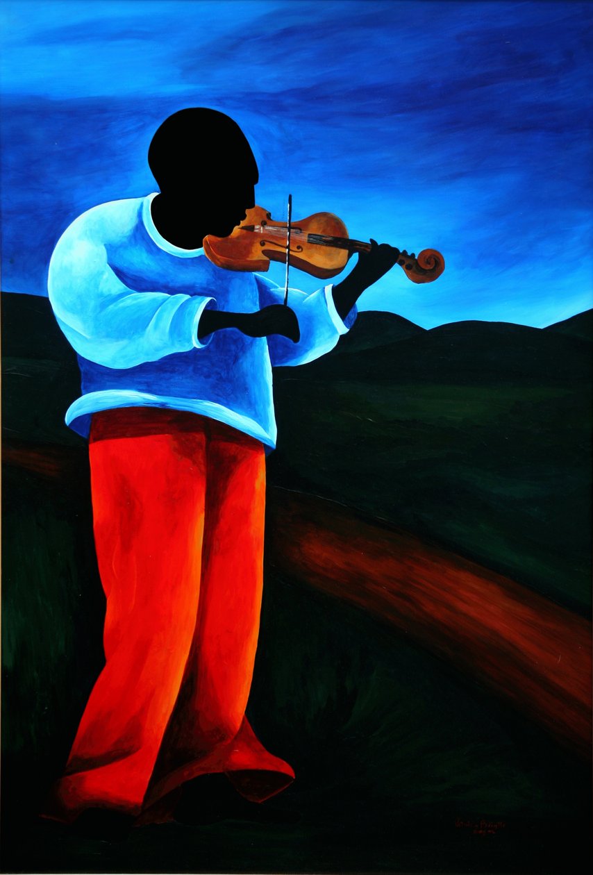 Violinisten Ti-Jean, 2008 (akryl på masonit) af Patricia Brintle