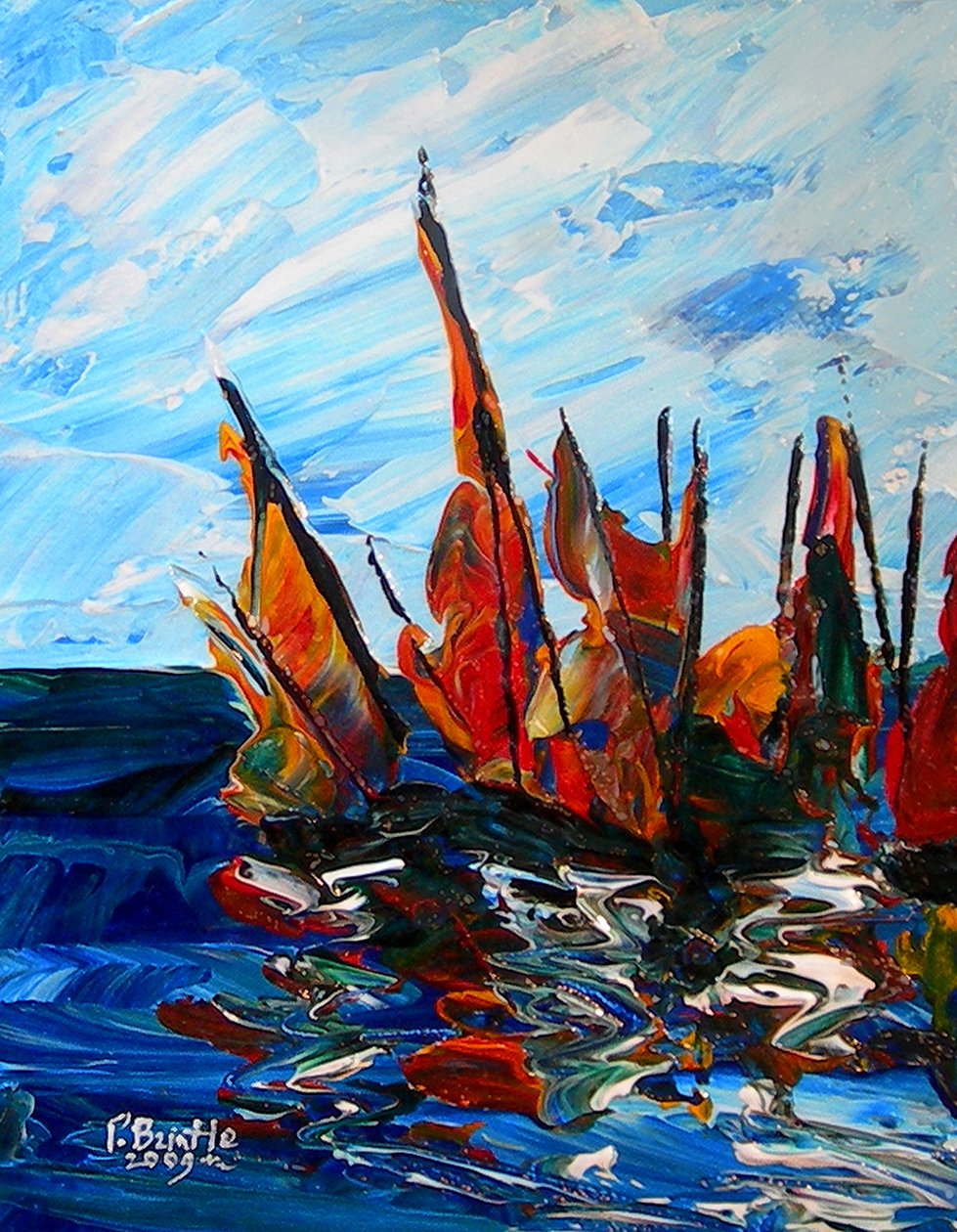 Sejlbåde ved bainet port, 2009 (akryl på træ) af Patricia Brintle