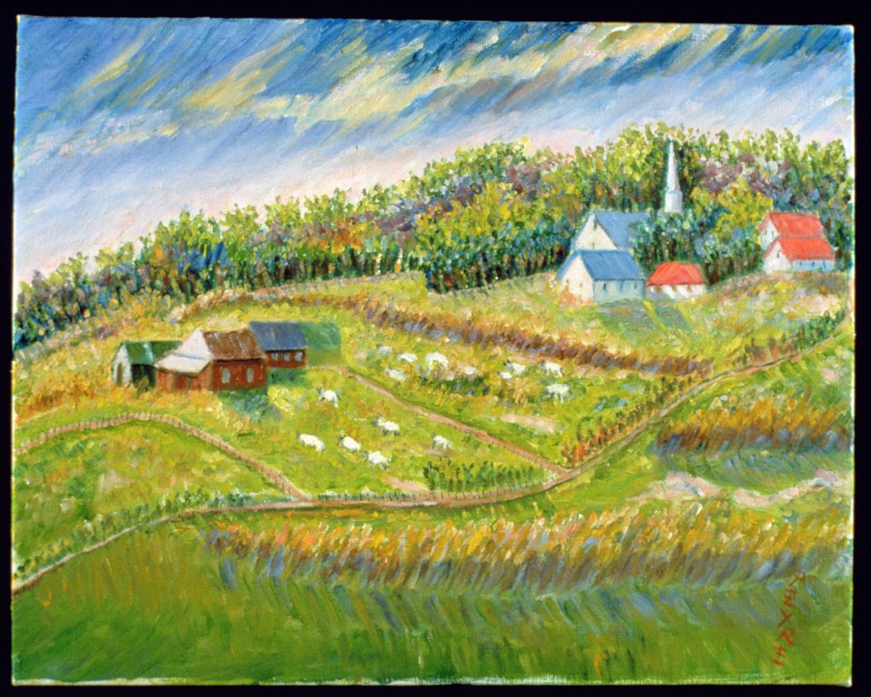 Gård med får, Les Eboulement (olie på belgisk linned) af Patricia Contemporary Artist Eyre