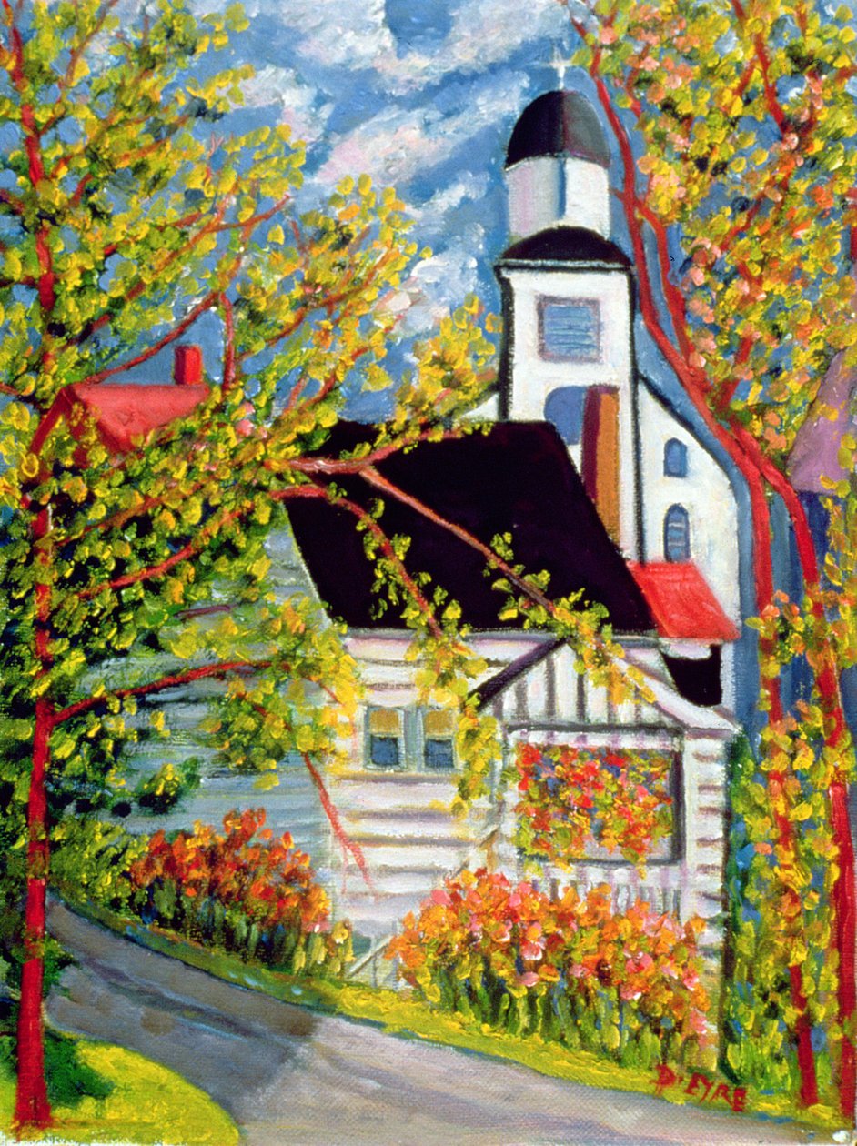 Hus med kirke, Badeck (olie på linned) af Patricia Contemporary Artist Eyre