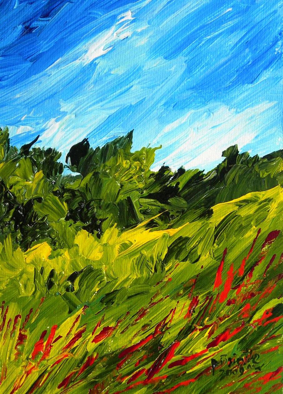 En gåtur i Puilboro, 2009 (akryl på artistboard) af Patricia Brintle