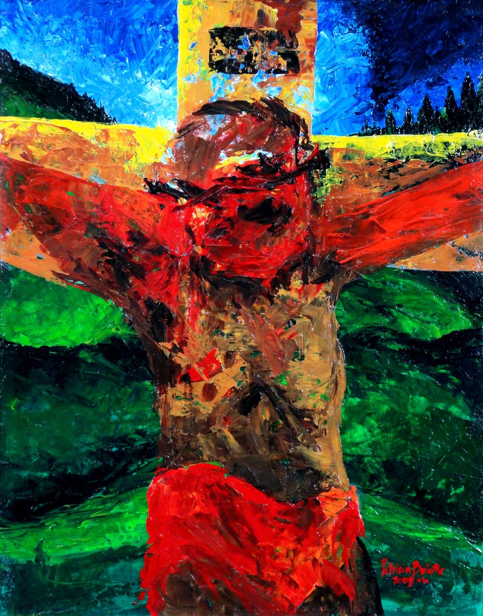 Korsfæstelse - den er færdig, 2009 (akryl på lærred) af Patricia Brintle
