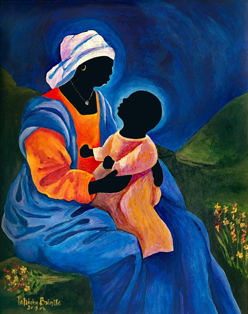 Madonna og barn plukker blomster, 2018 (akryl på masonit) af Patricia Brintle