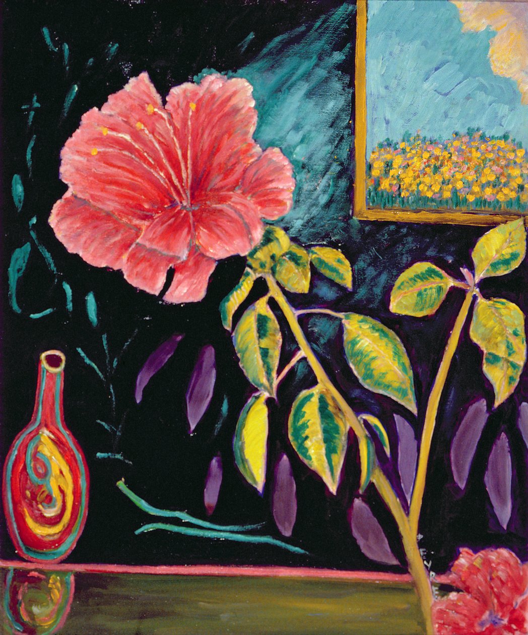 Hibiscus med vase (olie på hør) af Patricia Contemporary Artist Eyre