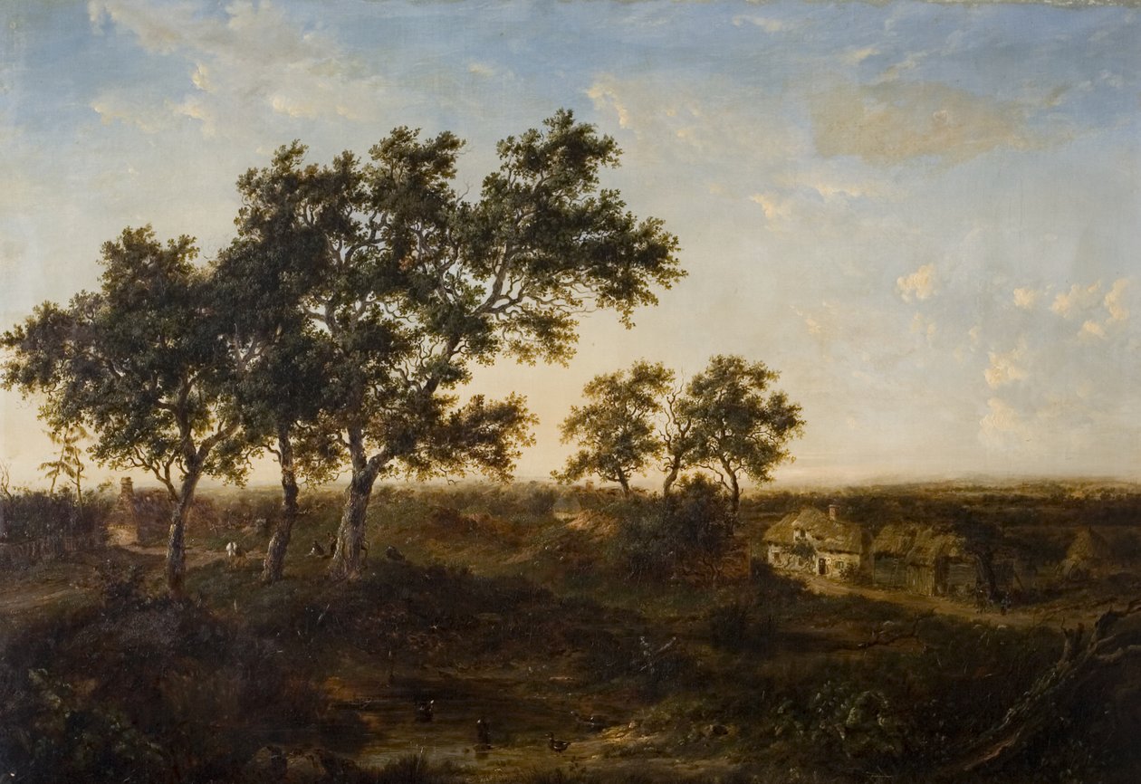 Landskab med hytte og figurer, begyndelsen af 1800-tallet af Patrick Nasmyth