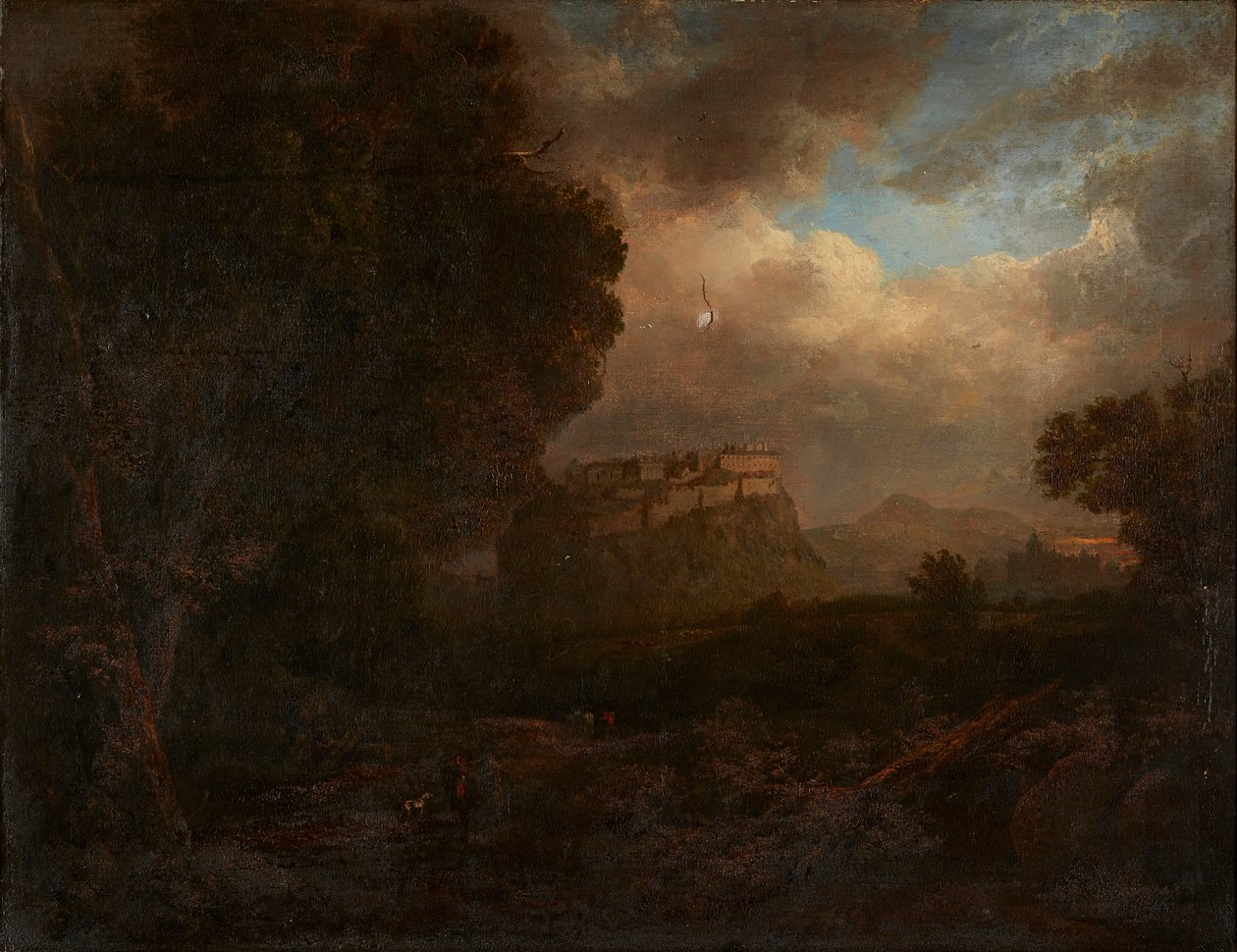 Fjernsyn over Edinburgh, med rejsende i forgrunden (olie på lærred) af Patrick (attr.to) Nasmyth