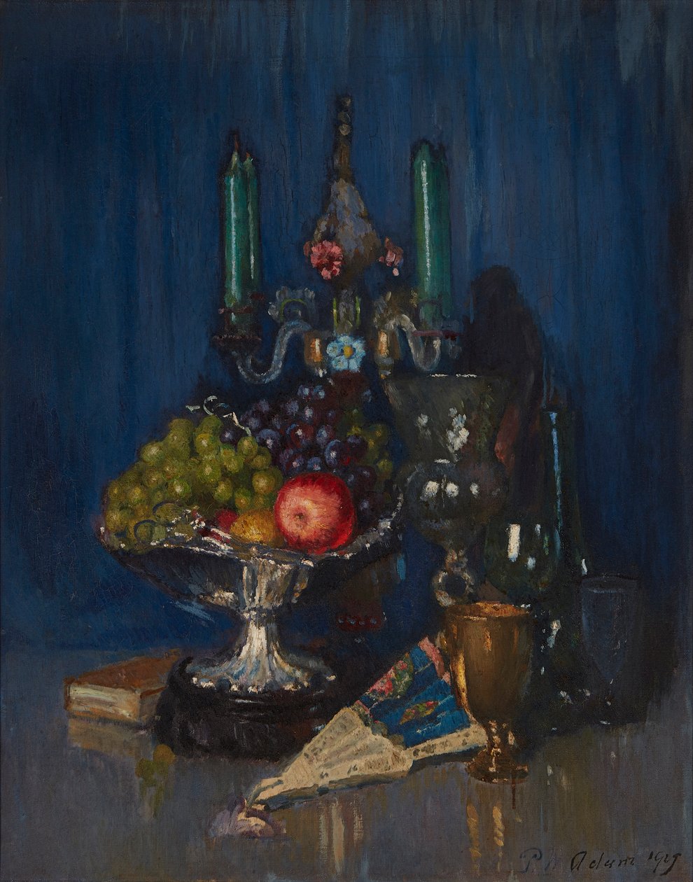 Et stilleben af frugt og genstande på en bordplade (olie på lærred) af Patrick William Adam
