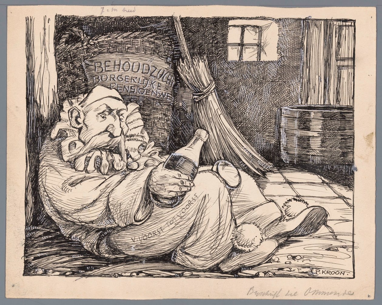 Baron van Voorst tot Voorst som karnevalsgænger Karneval eller de afskedigede civile pensionslove (titel på objekt) af Patricq Kroon (signed by artist)