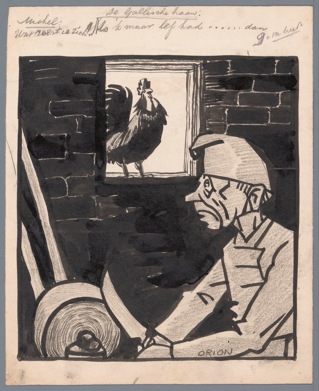 Mand sliber kniv, mens fransk hane galer Den galliske hane (titel på objekt) af Patricq Kroon (signed by artist)