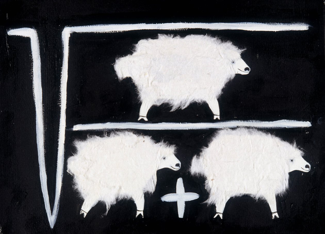 Kloning: Et matematisk symbol, der repræsenterer beregninger af kvadratrod, division og addition med får som forsøgskanin. Hvid bomuldscollage på sort baggrund. af Patrizia La Porta
