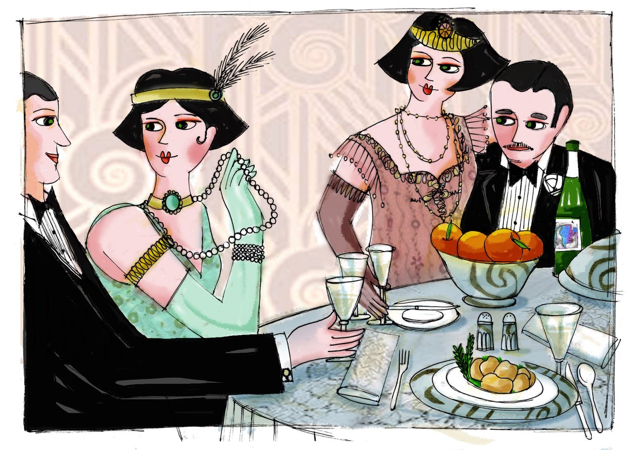 Illustration af en verdslig middag i "Gatsby the Magnificent" af den amerikanske forfatter Francis Scott Fitzgerald (1896-1940) (Den store Gatsby) Tegning af Patrizia Laporta af Patrizia La Porta