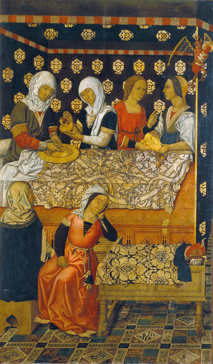 Fødslen af ​​Saint Stephen - The Birth of Saint Stephen - Maleri af Vergos-familien (aktiv i slutningen af ​​det 15. århundrede) - ca. 1495 - Tempera på panel - 200x123,2 - Museu Nacional d