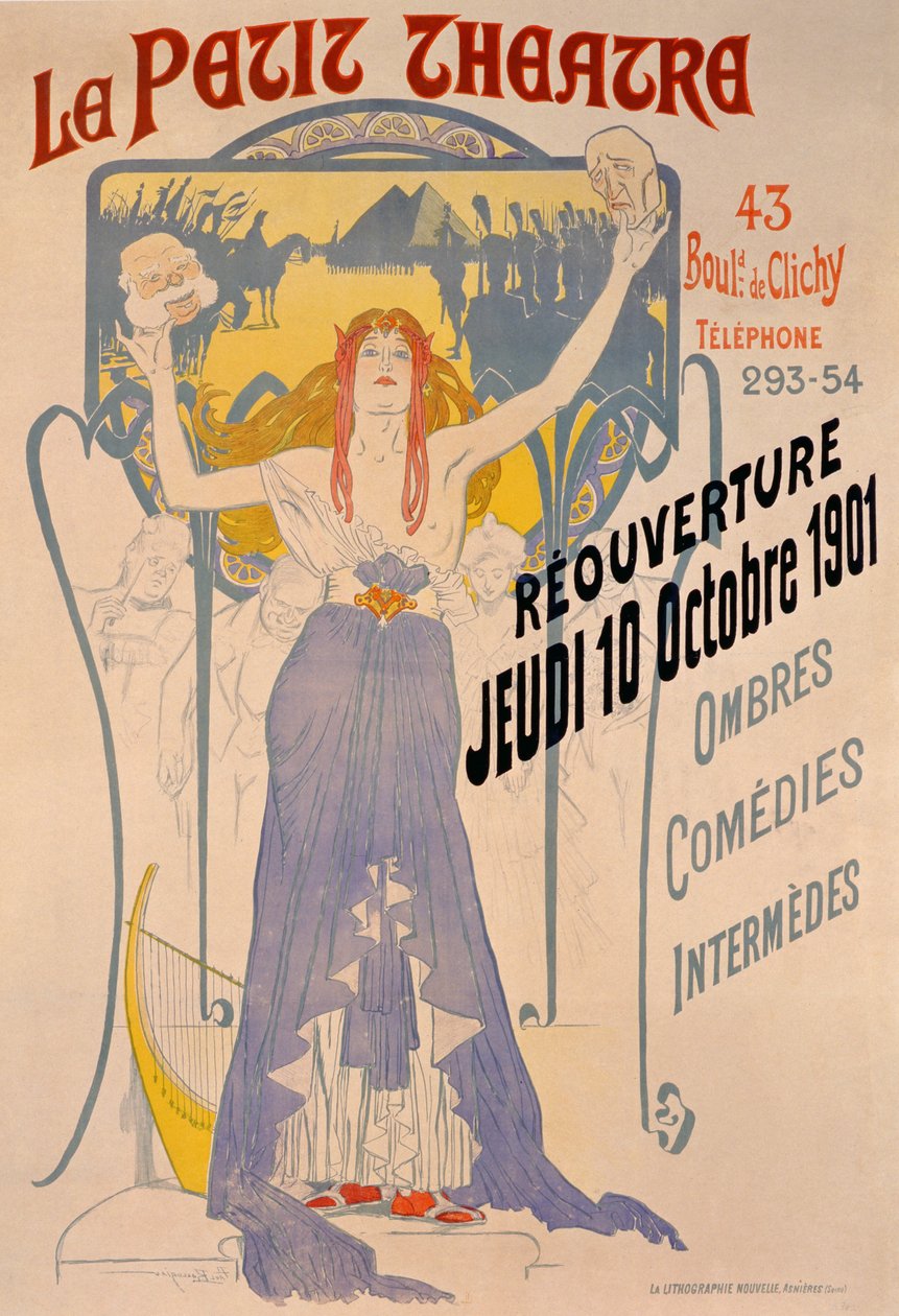 Plakat, der reklamerer for genåbningen den 10. oktober af Le Petit Theatre, Boulevard Clichy, Paris, 1901 af Paul Balluriau