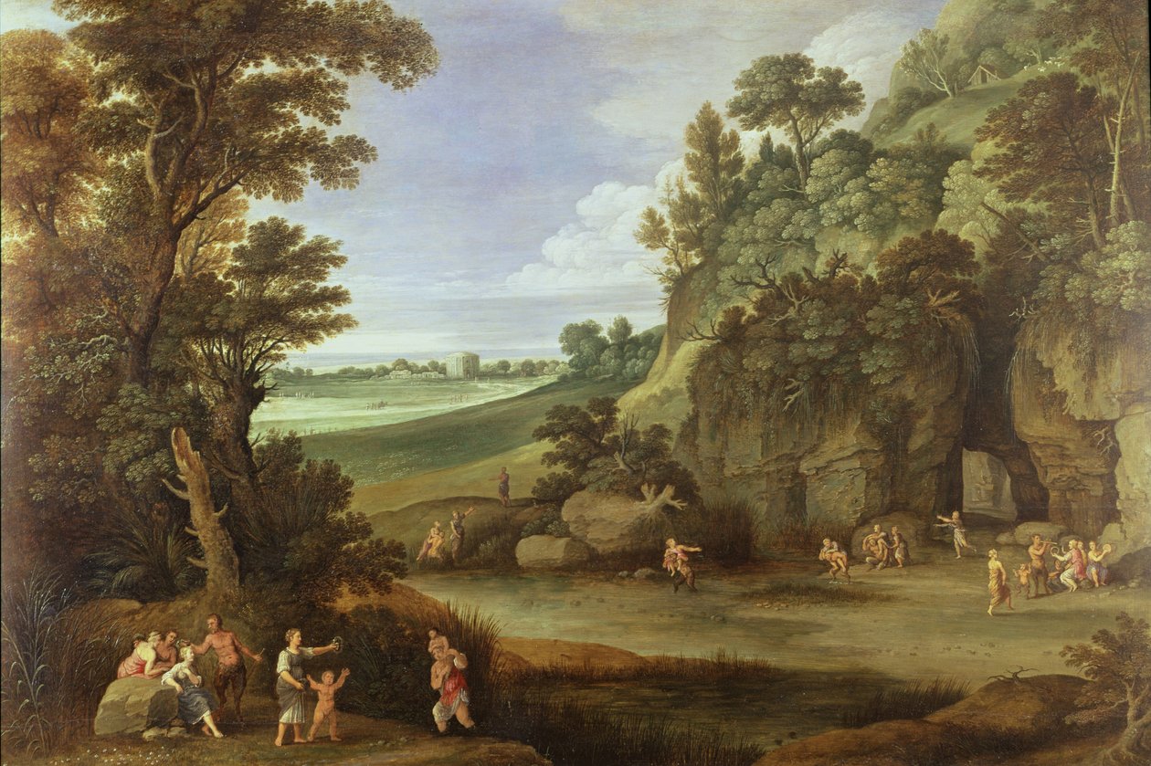 Arkadisk landskab med satyrer og nymfer (panel) af Paul Bril