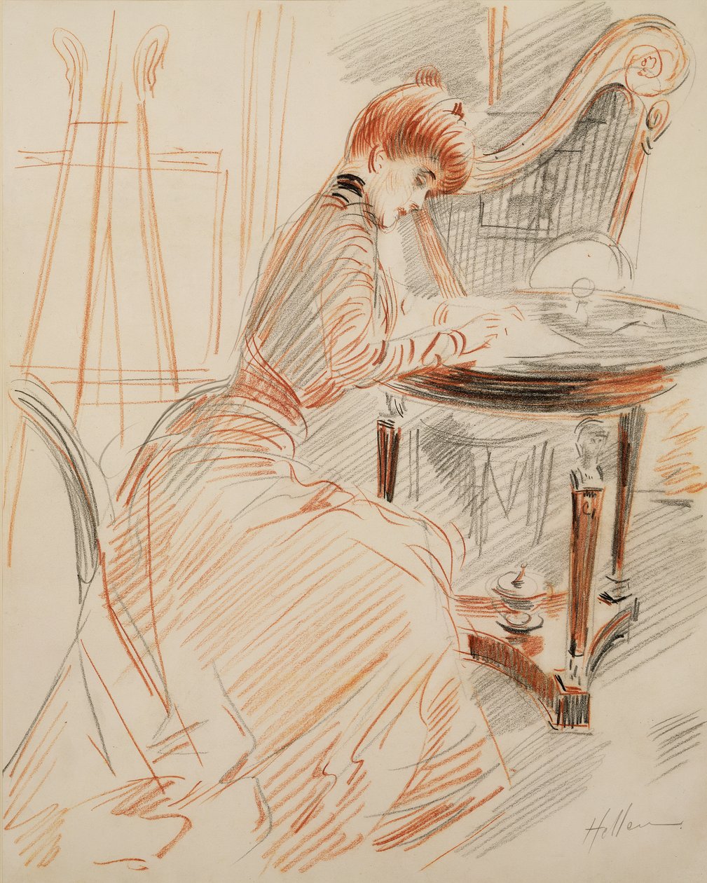 Madame Helleu Writing (rød blyant og kul) af Paul Cesar Helleu