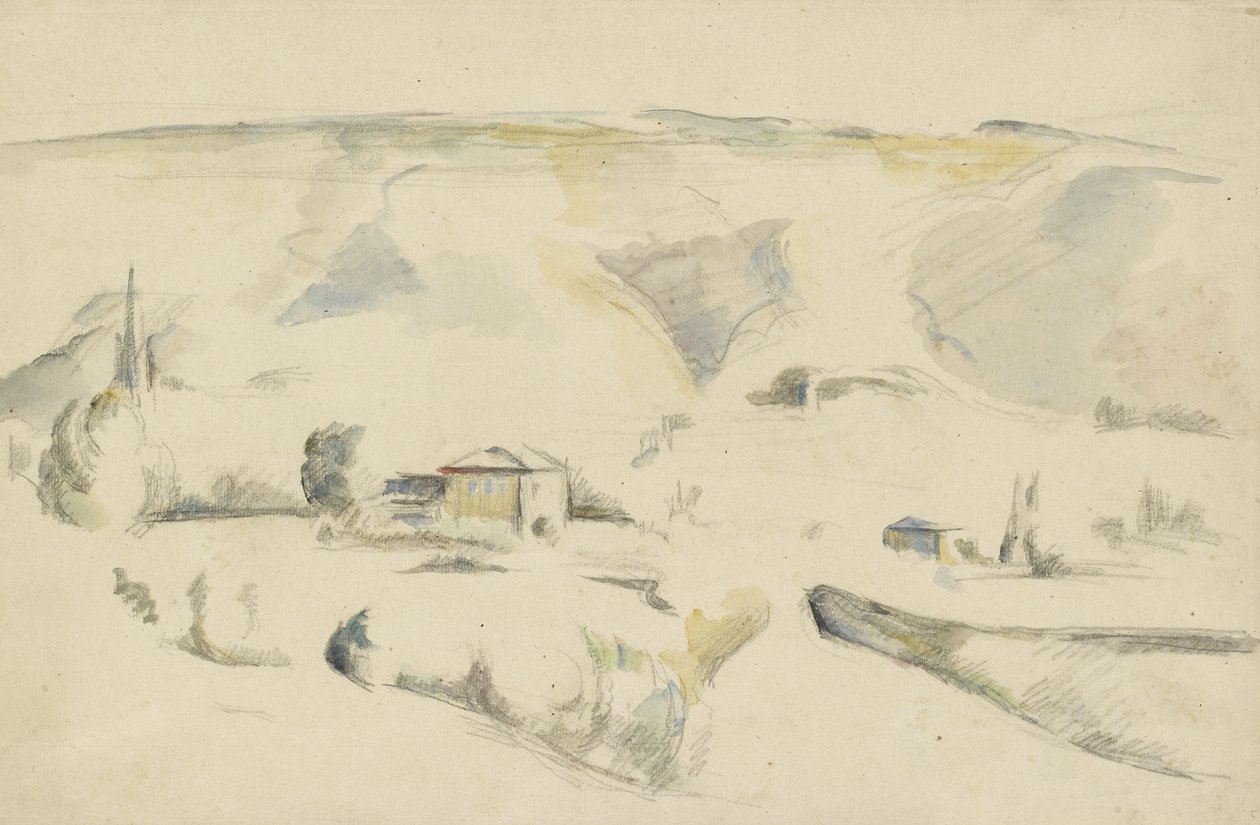 Recto: A View across a Valley (grafit og akvarel på råhvidt papir) af Paul Cézanne