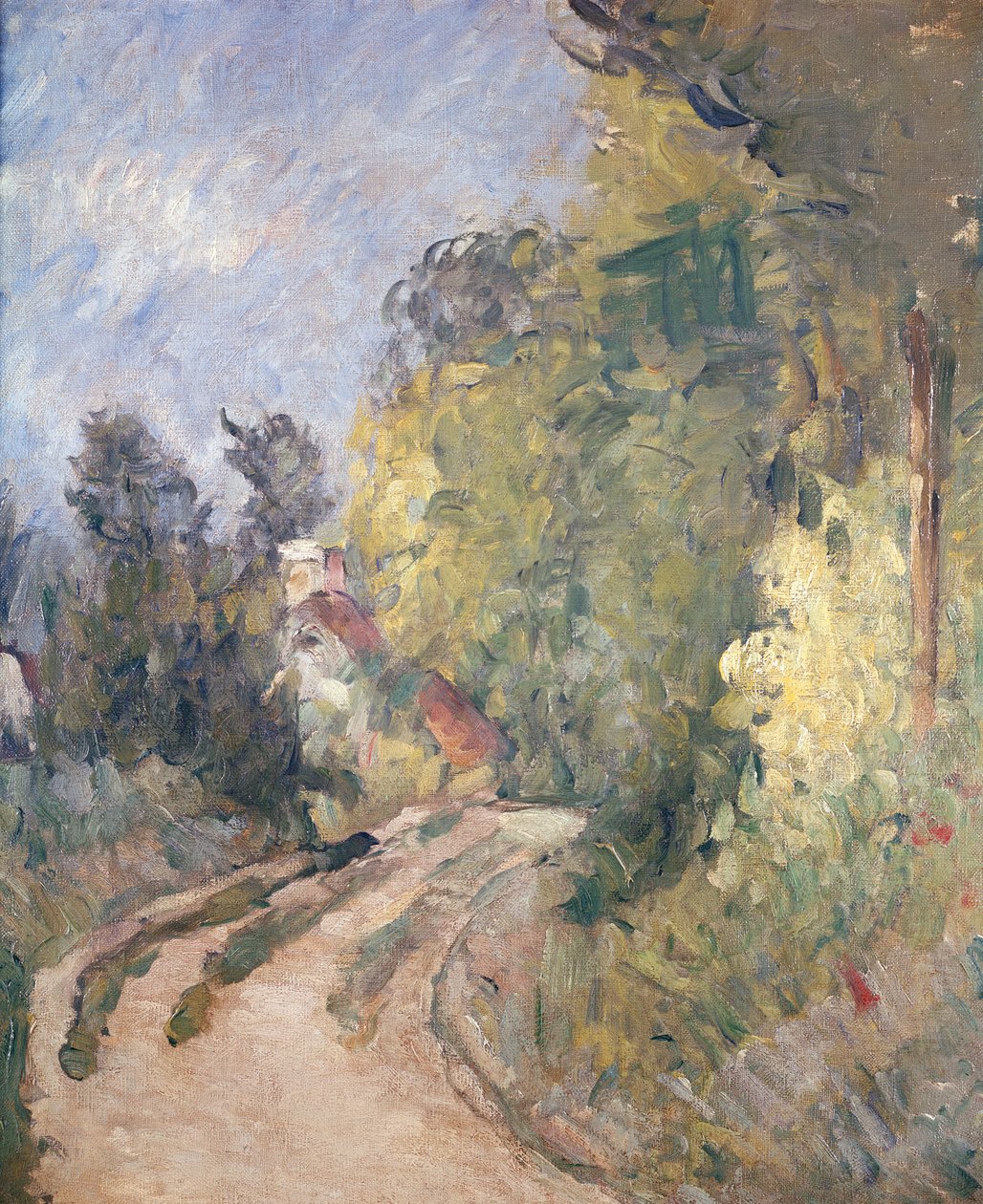 Vejdrejning under træer, c.1873-75 af Paul Cézanne
