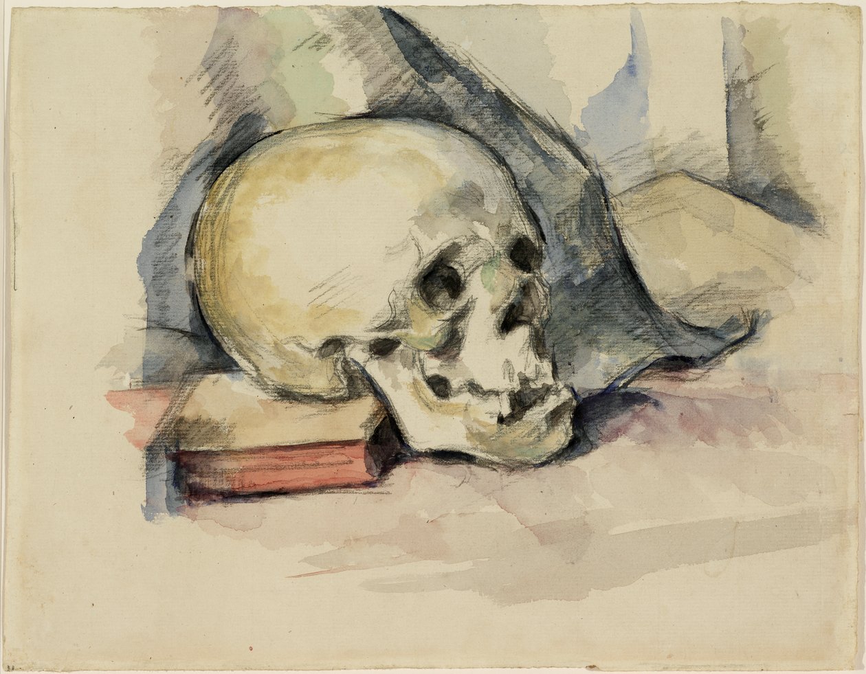 Skull and Book, ca. 1885 (wc over sort kridt på papir) af Paul Cézanne