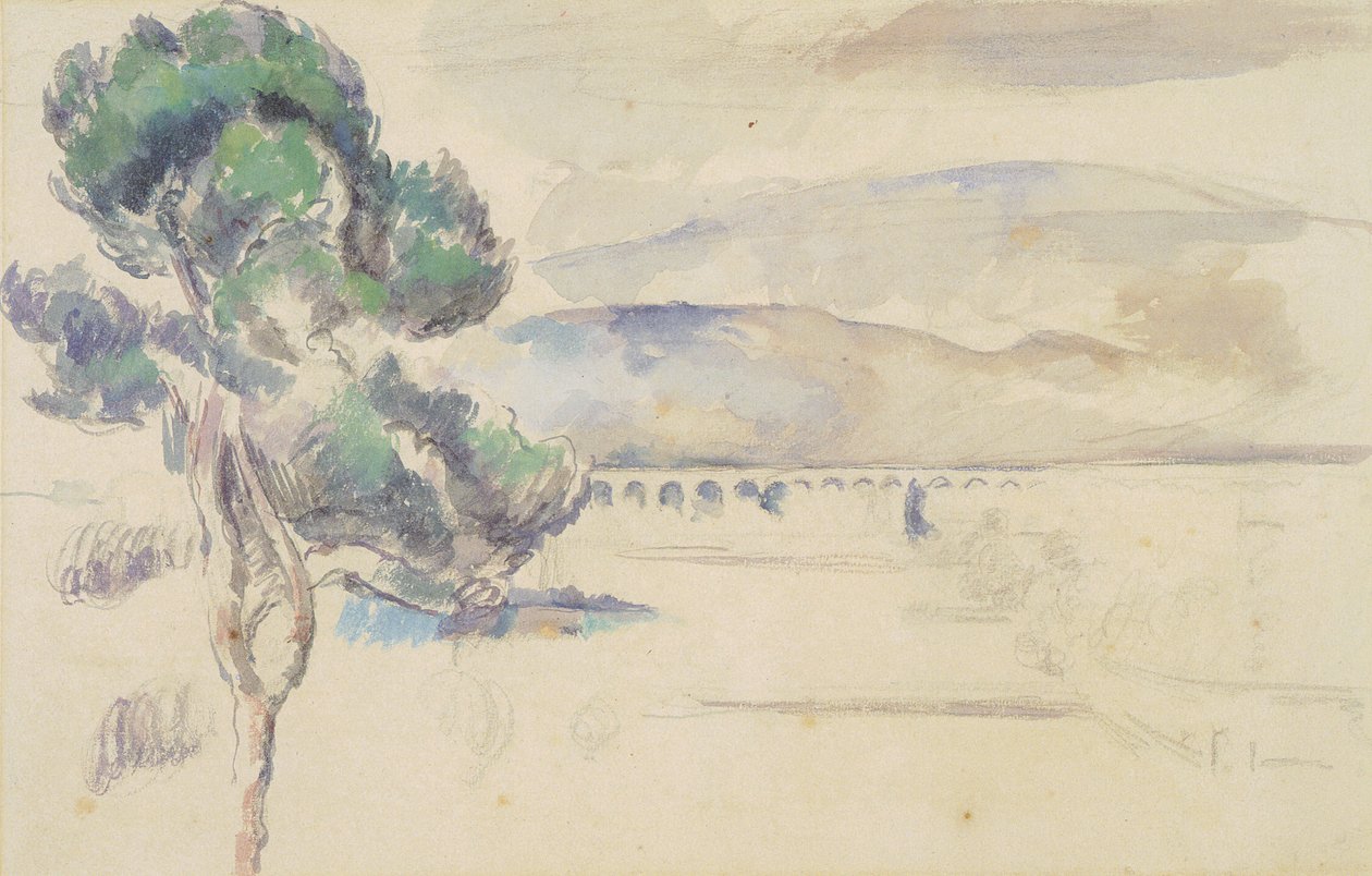 Buens dal med viadukt og fyrretræ af Paul Cézanne