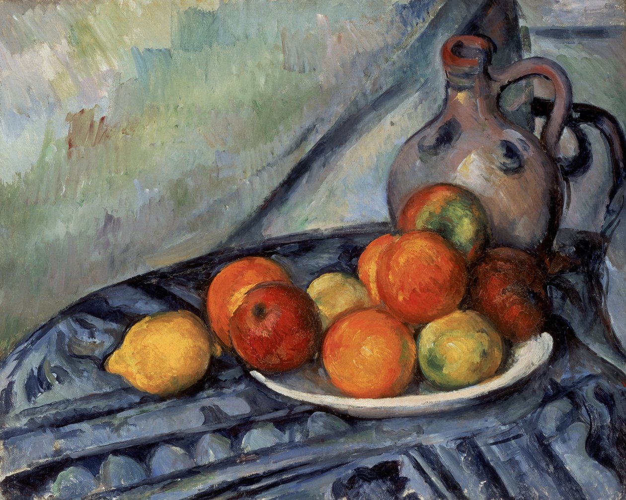 Frugt og en kande på et bord af Paul Cézanne