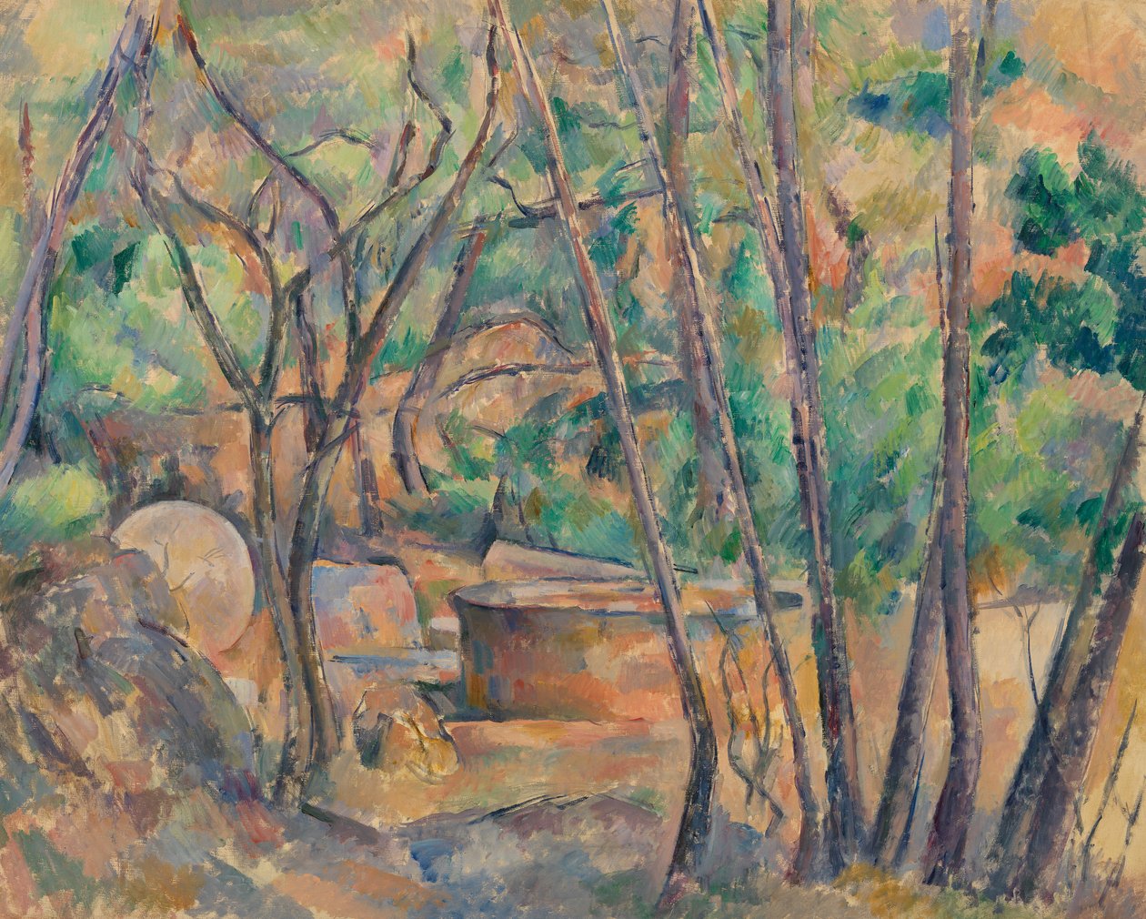 Møllesten og cisterne under træer, 1892-94 af Paul Cézanne