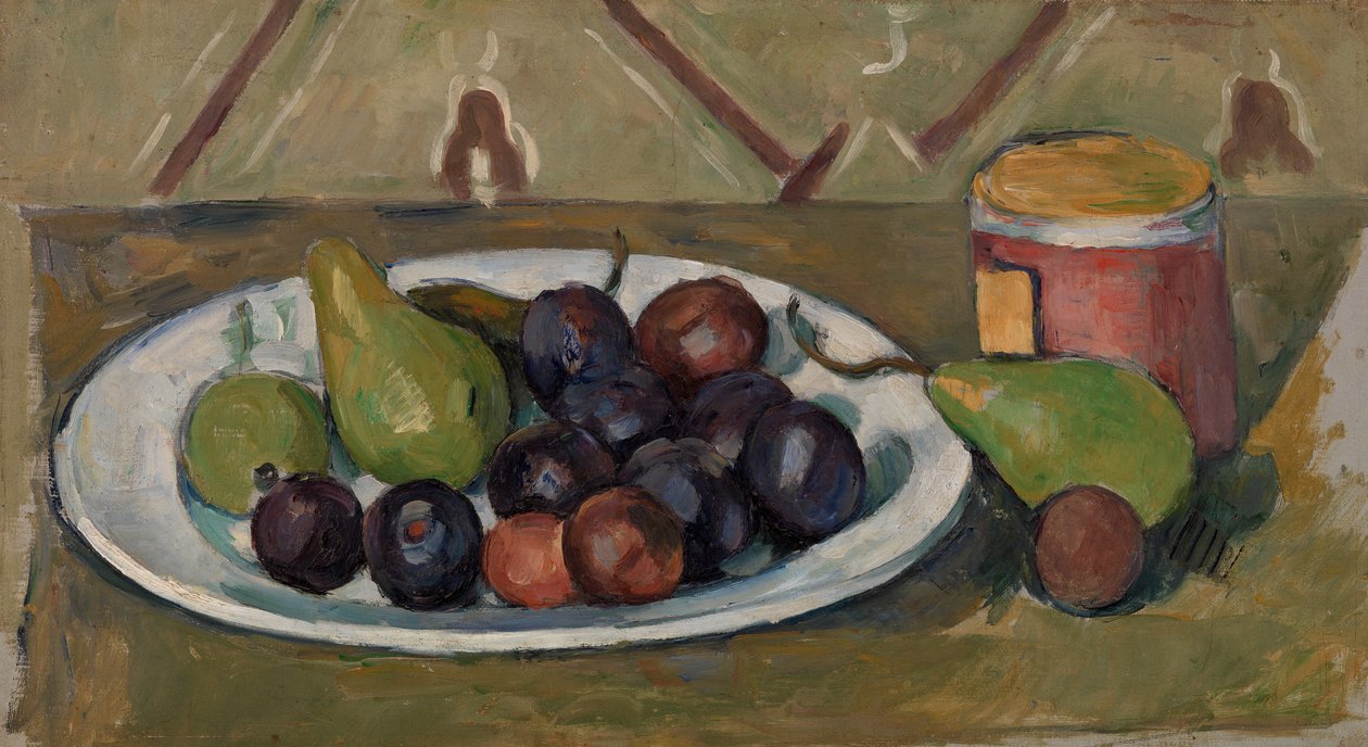 Tallerken med frugt og gryde med konserves, 1880-81 af Paul Cézanne