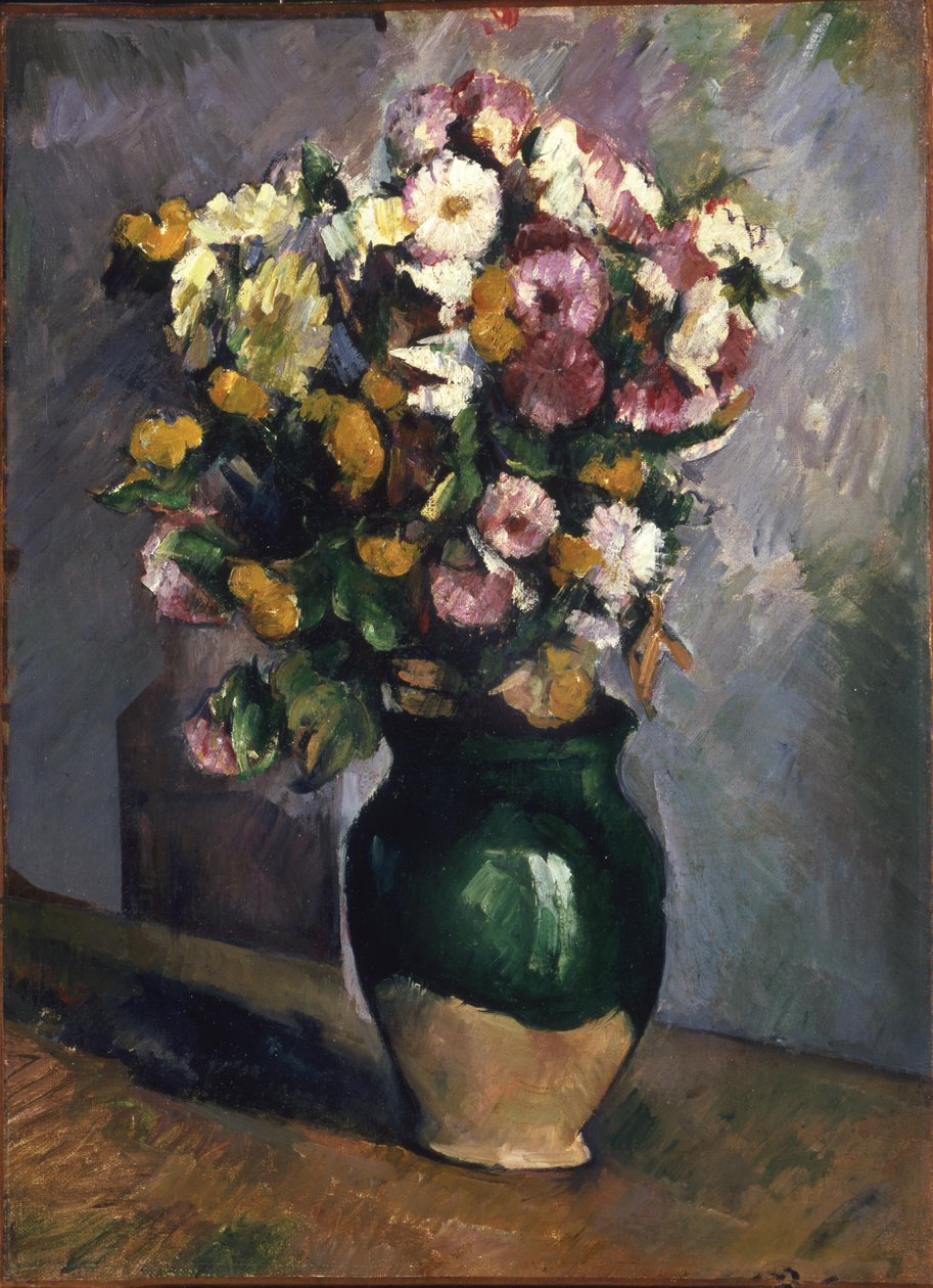 Stilleben med blomster i en olivenkrukke af Paul Cézanne