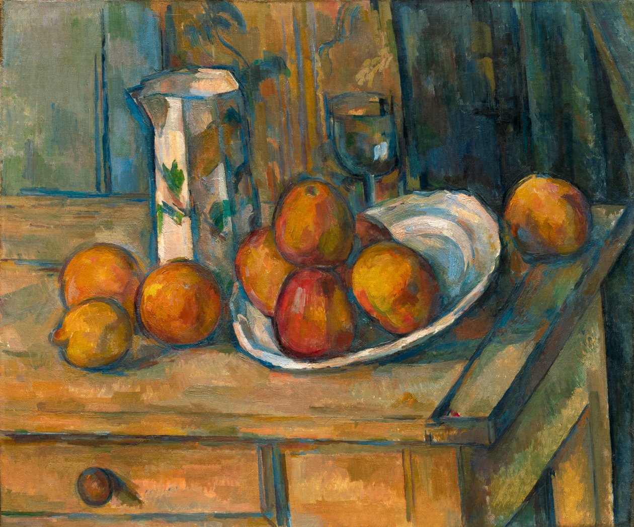 Stilleben med mælkekande og frugt, ca.1900 af Paul Cézanne