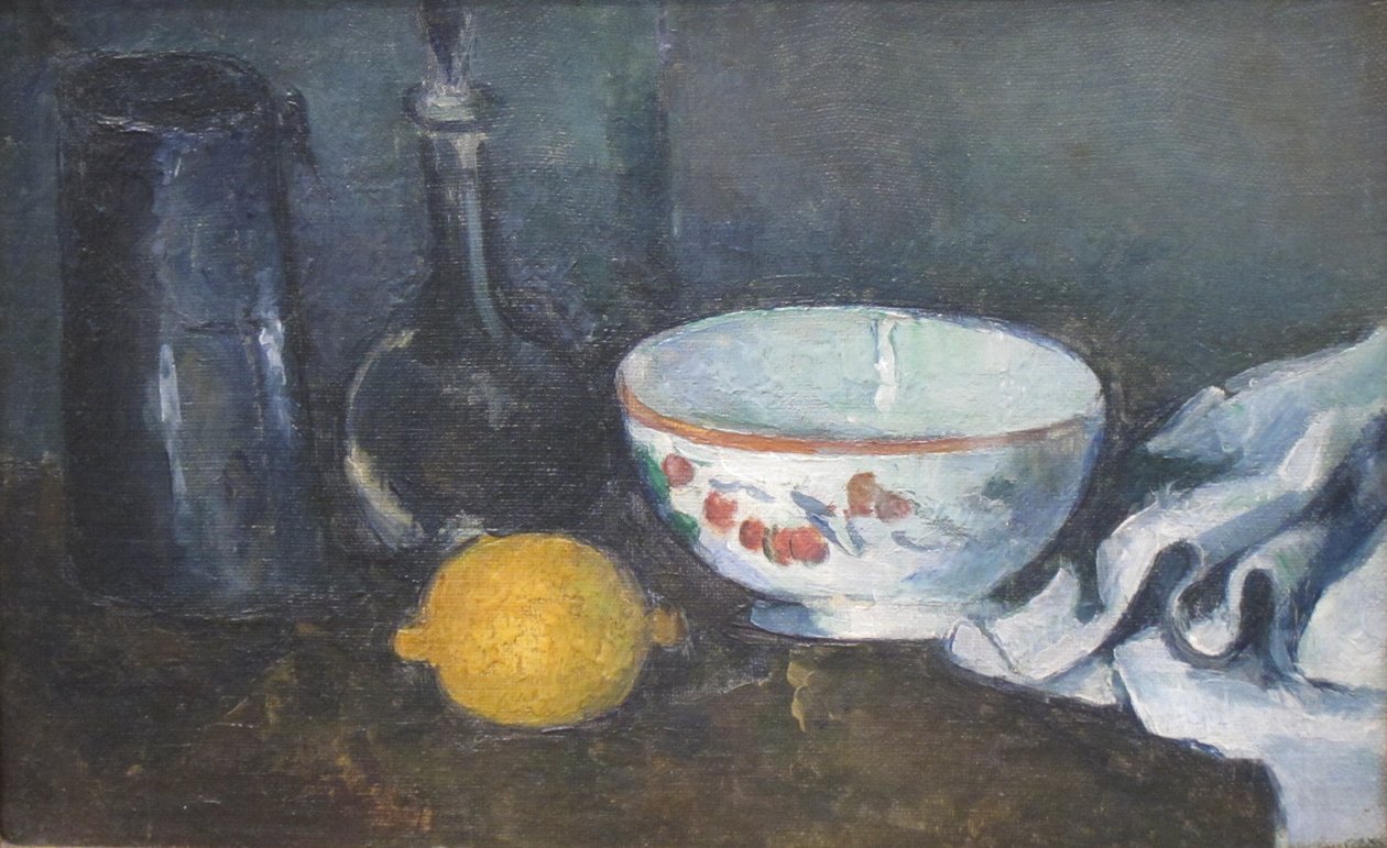 Stilleben i blå med citron af Paul Cézanne
