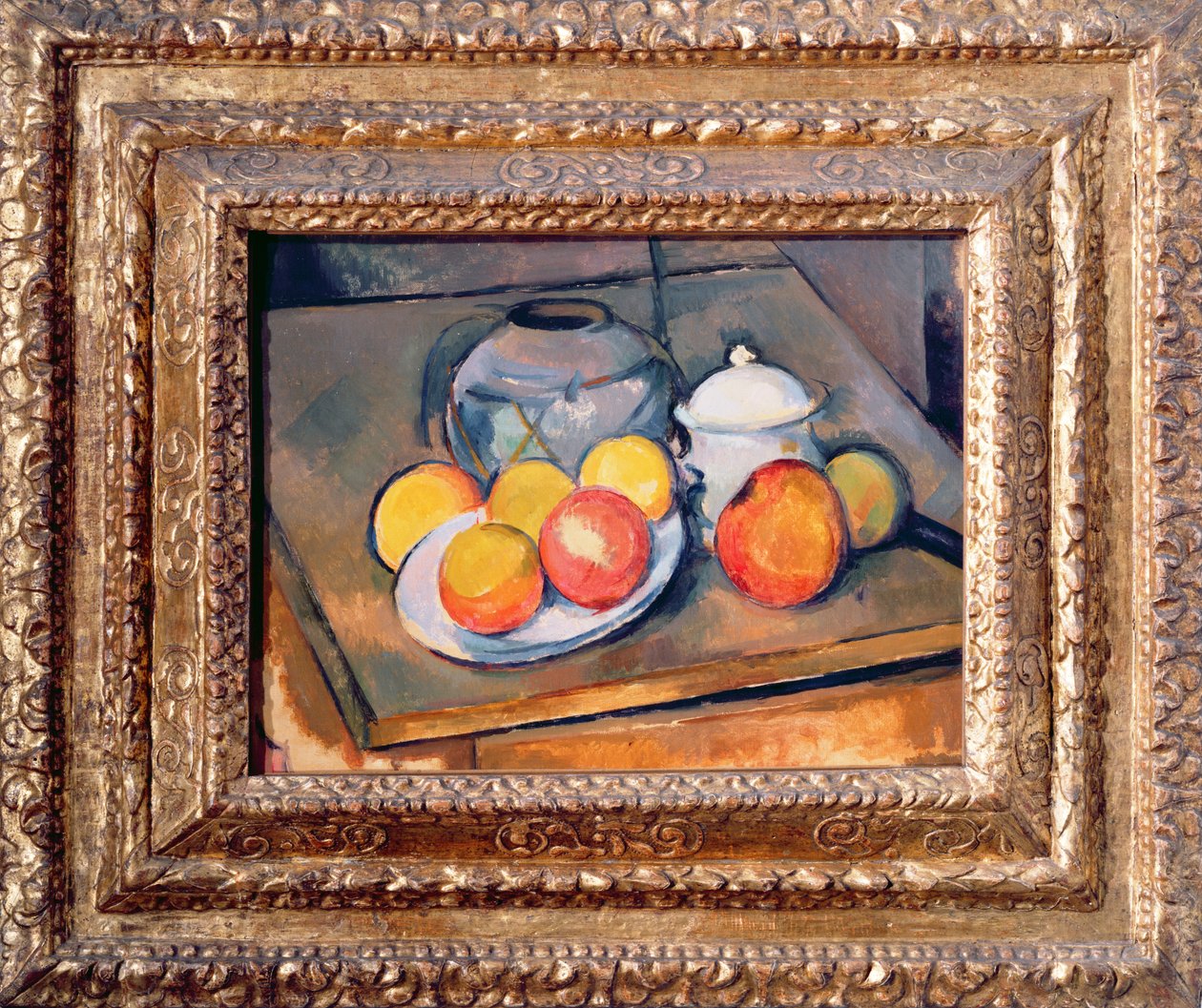 Halmdækket vase, sukkerskål og æbler, 1890-93 (se også 393804) af Paul Cézanne