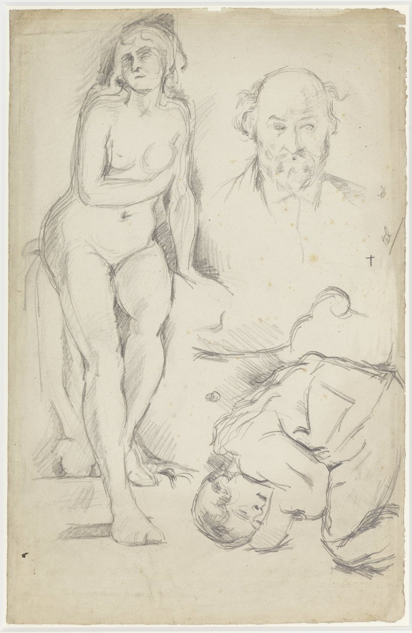 Studier af tre figurer, herunder et selvportræt af Paul Cézanne