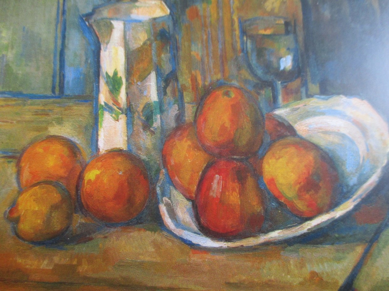 Stilleben med mælkekande og frugt af Paul Cézanne