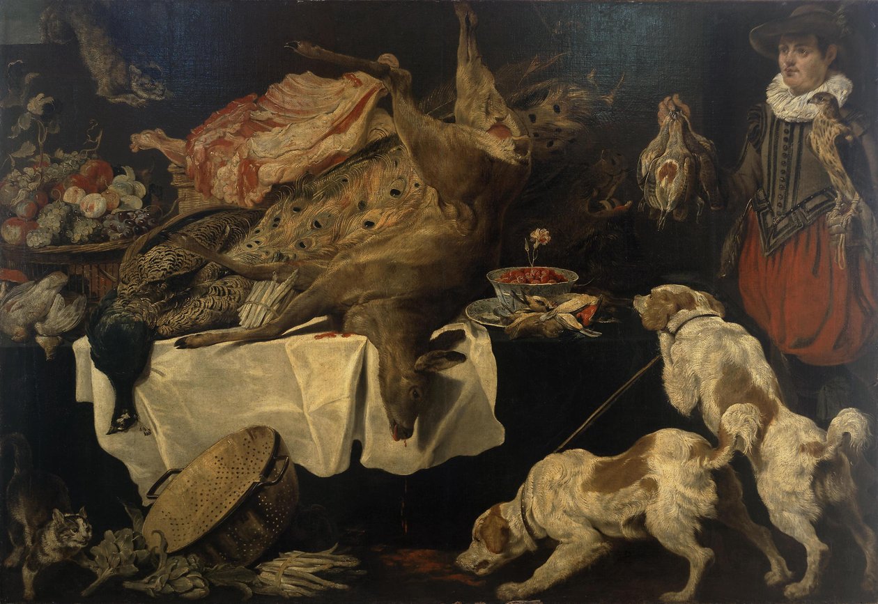 Jæger og hunde ved et bord med dødt vildt og frugt af Paul De Vos